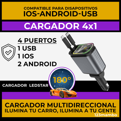 CARGADOR LED-STAR 4X1 CABLES RETRÁCTILES PARA CARGA ASIENTOS DE ATRÁS CON PUERTOS  IOS-ANDROID-USB