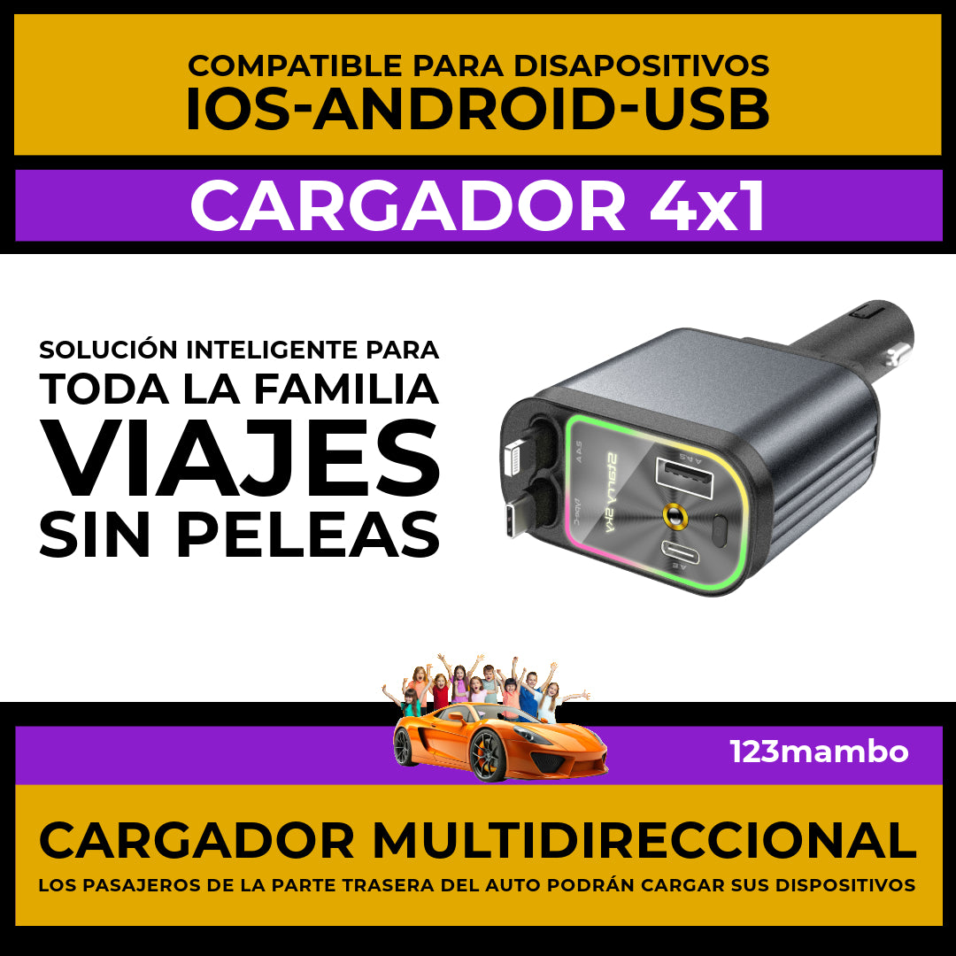 CARGADOR LED-STAR 4X1 CABLES RETRÁCTILES PARA CARGA ASIENTOS DE ATRÁS CON PUERTOS  IOS-ANDROID-USB