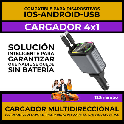 CARGADOR LED-STAR 4X1 CABLES RETRÁCTILES PARA CARGA ASIENTOS DE ATRÁS CON PUERTOS  IOS-ANDROID-USB